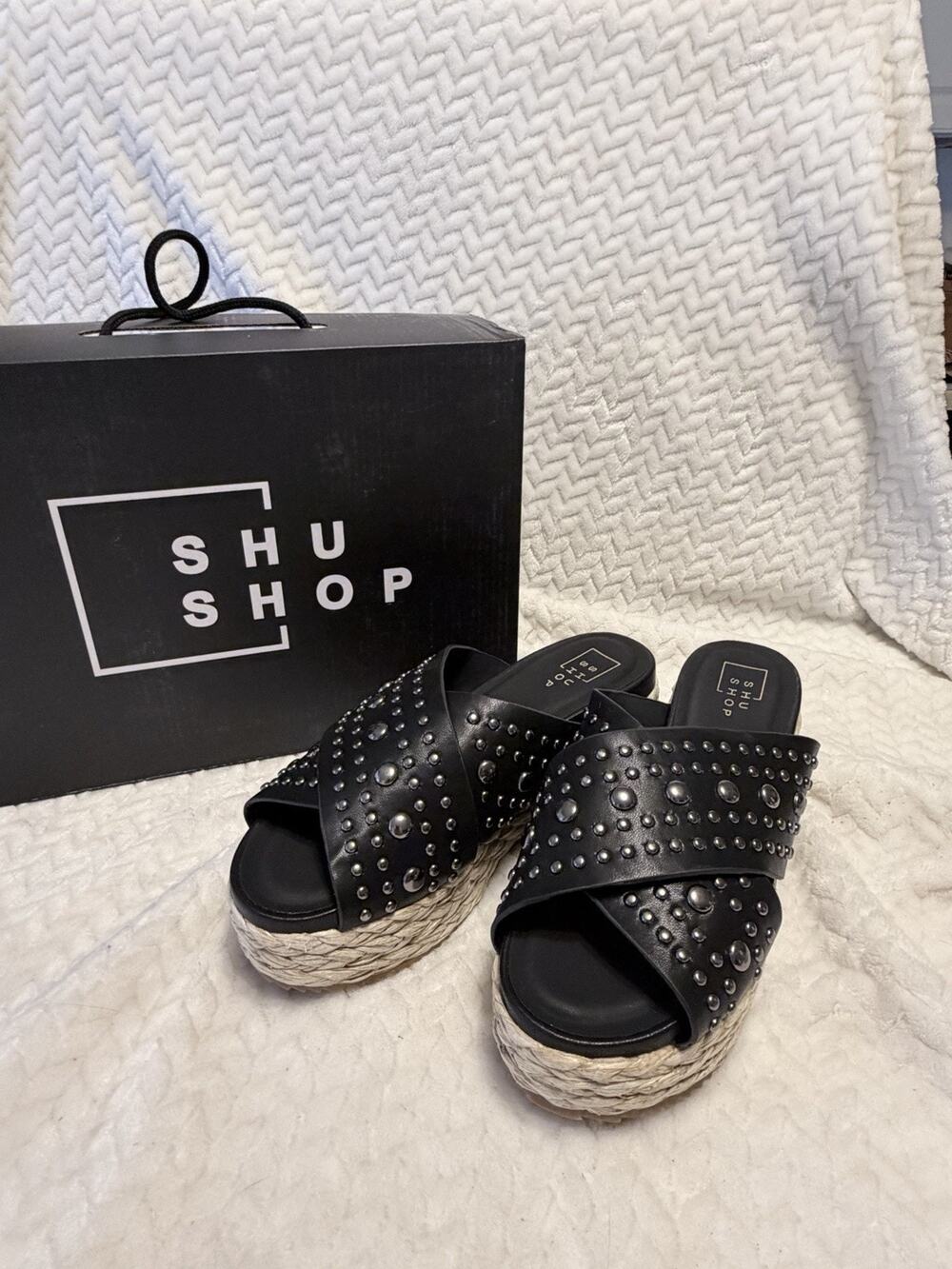 Sandals Womens Size 8 Black Studded Platform Espadrille Slide SHU SHOP Kaia